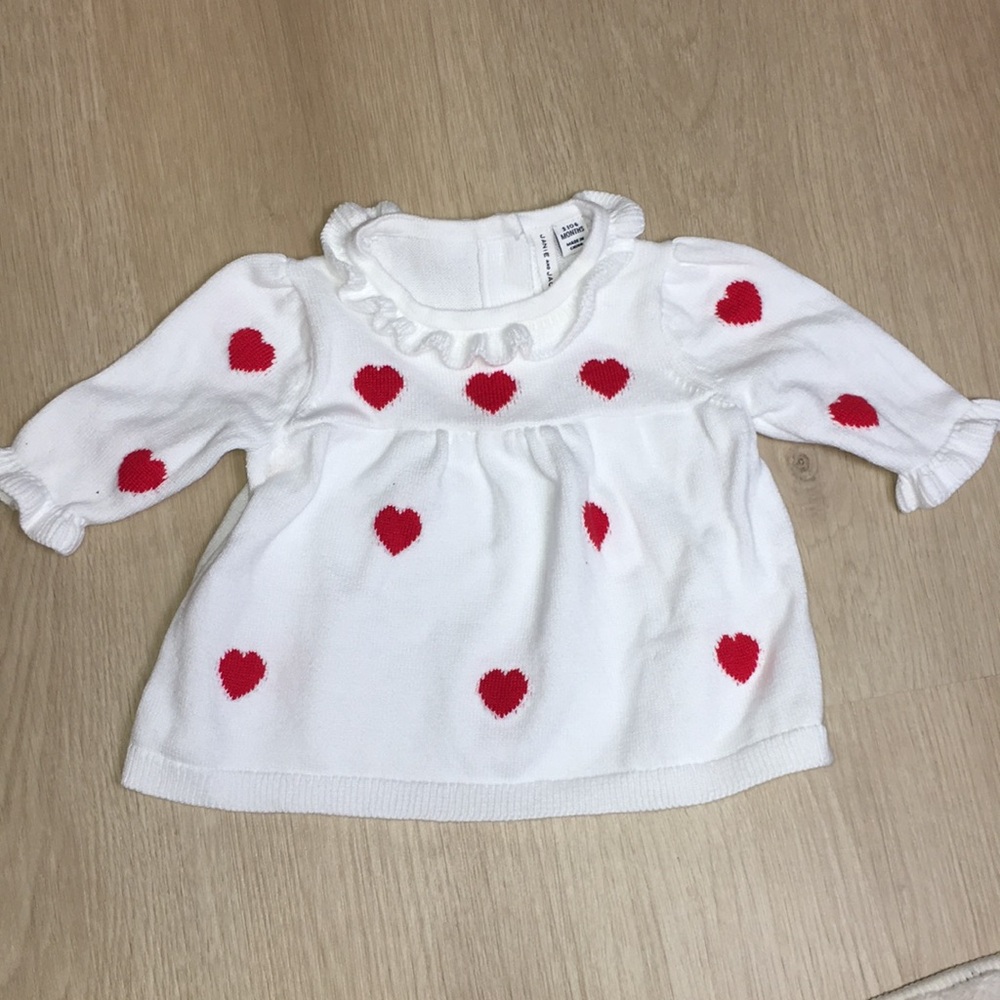 Janie and Jack White Sweater with Red Hearts 3-6 months Ruffled Collar & Wrists